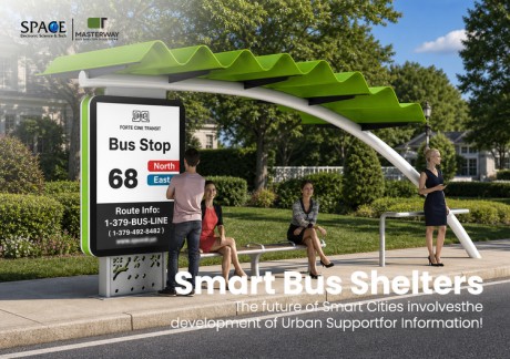 Wave Roof Bus Shelter with Large Bus Stop Sign and Outdoor Passenger Seating