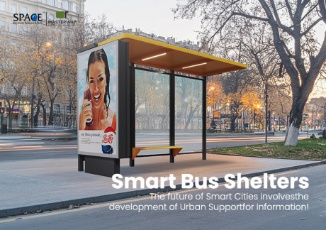 Outdoor Modern Bus Shelter with Yellow Roof and Advertising Panel