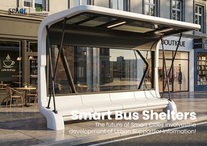 Futuristic Smart Bus Shelter with Glass Panels and LED Lighting