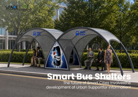 Double Arch Curved Bus Shelter with Perforated Metal Canopy and Advertising Display
