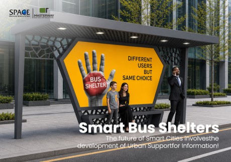 Modern Bus Shelter with Large Advertising Panel and Geometric Metal Screen
