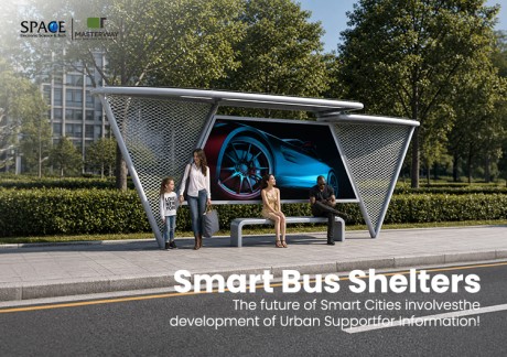 Modern Advertising Bus Shelter with Metal Mesh Panels and Curved Canopy