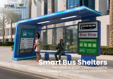 Futuristic Smart Bus Shelter with LED Light Strip and Route Information Display