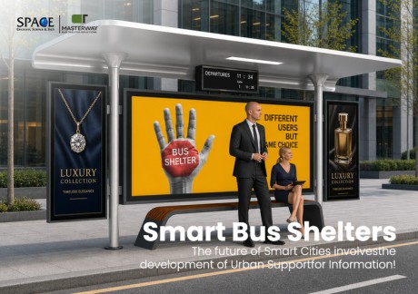 Modern Bus Shelter with Backlit Advertising Displays and Departure Board