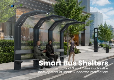 Modern Transparent Glass Bus Shelter with Curved Canopy and Passenger Seating