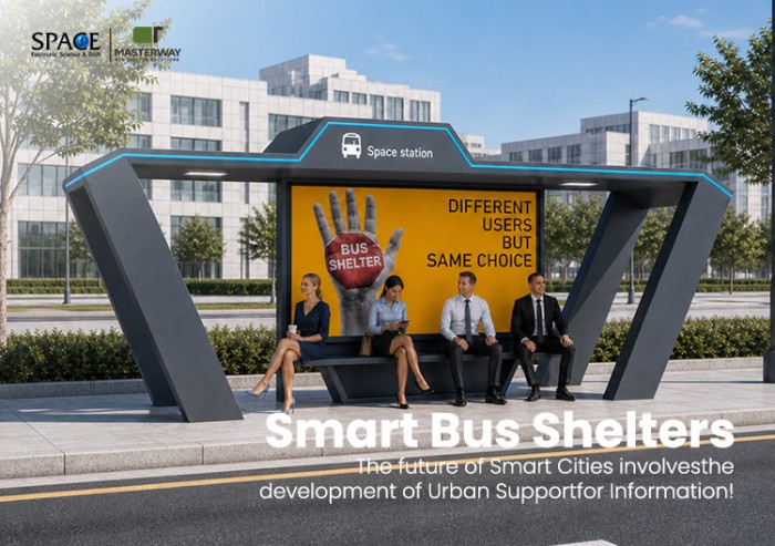 Futuristic Bus Shelter with LED Lighting and Backlit Advertising Display