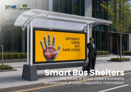 Modern Bus Shelter with Large Advertising Billboard and Curved Transparent Canopy