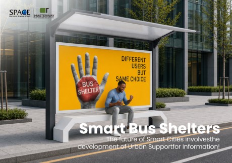 Modern Advertising Bus Shelter with Large Backlit Billboard and Bench