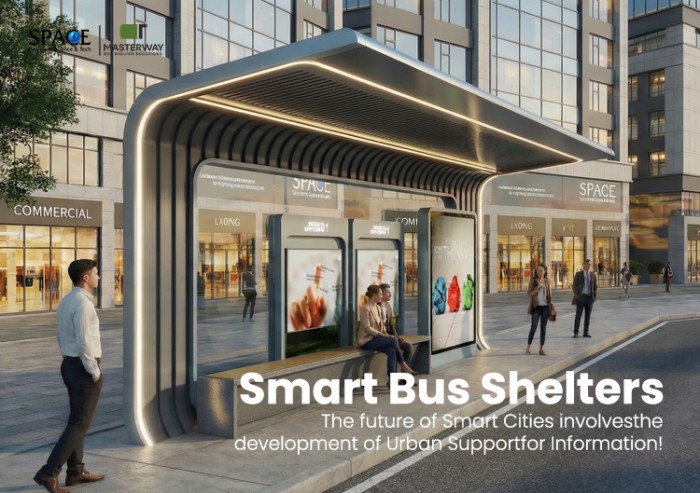 Futuristic Smart Bus Shelter with LED Lighting and Advertising Displays Futuristic Smart Bus Shelter with LED Lighting and Advertising Displays