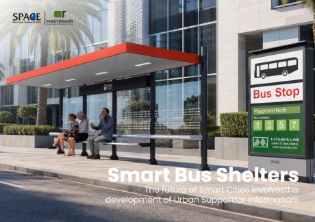 Modern Glass Bus Shelter with Red Canopy and Bus Stop Sign