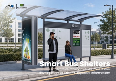 Modern Bus Shelter with Curved Transparent Roof and Advertising Lightbox