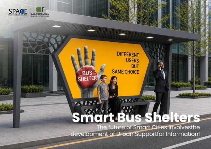 Modern Bus Shelter with Large Advertising Panel and Geometric Metal Screen Modern Bus Shelter with Large Advertising Panel and Geometric Metal Screen