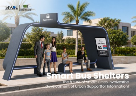 Futuristic Smart Bus Shelter with Integrated Seating and Route Display