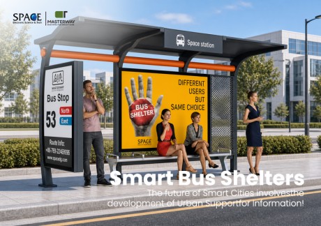 Modern Outdoor Bus Shelter with Advertising Panel and Route Sign