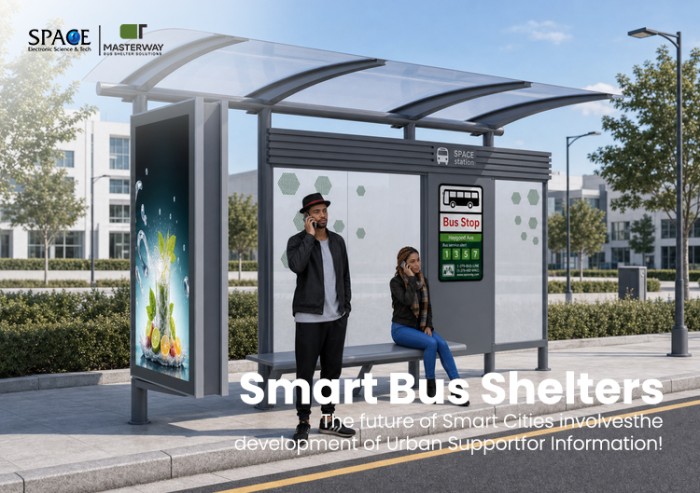 Modern Bus Shelter with Curved Transparent Roof and Advertising Lightbox