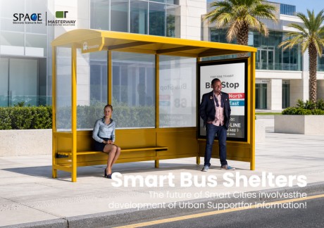 Yellow Glass Bus Shelter with Advertising Display and Passenger Bench