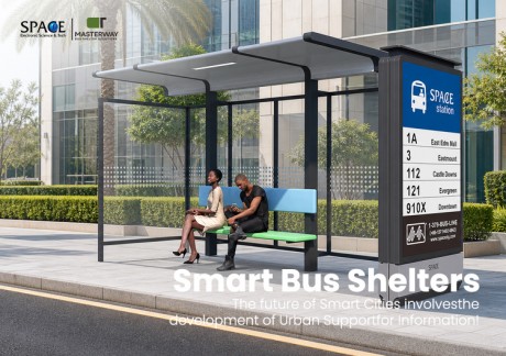 Modern Glass Bus Shelter with Route Sign and Passenger Bench