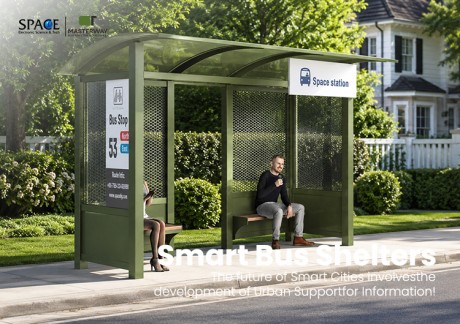 Outdoor Bus Shelter with Curved Roof and Perforated Metal Panels