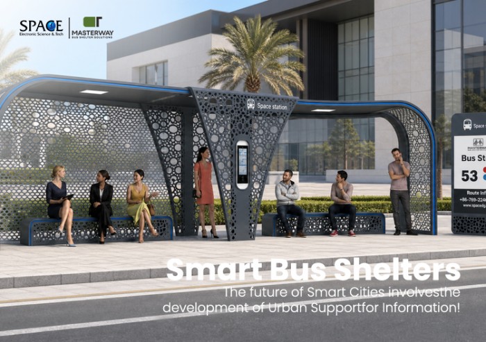 Large Modular Smart Bus Shelter with Perforated Metal Design and Route Sign