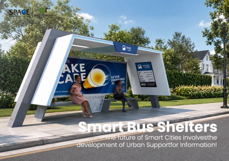 Futuristic Smart Bus Shelter with Advertising Display and Route Information Sign