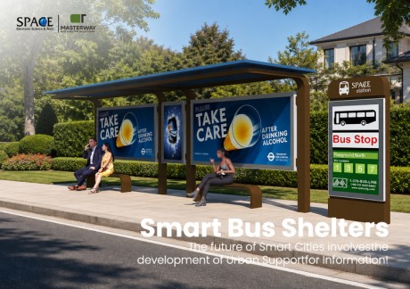 Open Bus Shelter with Advertising Light Boxes and Bus Stop Sign