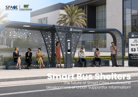 Large Modular Smart Bus Shelter with Perforated Metal Design and Route Sign