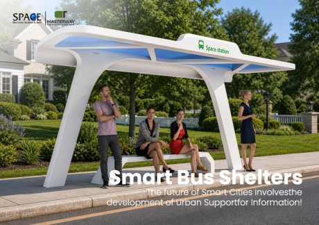 Futuristic Modular Bus Shelter with White Aluminum Canopy and Seating