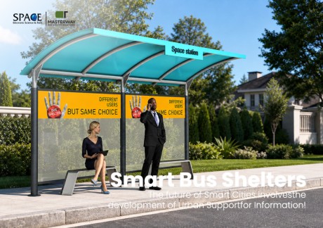Modern Curved Roof Bus Shelter with Glass Panels and Advertising Display